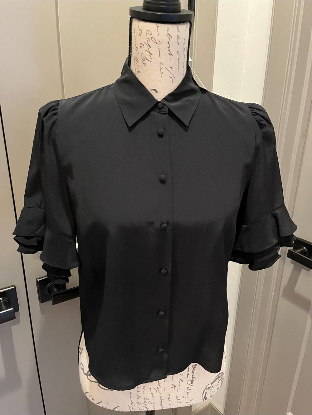 FRAME Ruffle Sleeve Button-Up Blouse - BLACK - XS - NWT
